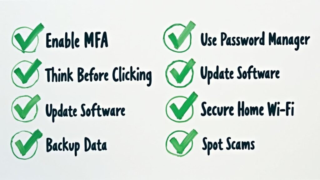 A checklist graphic outlining 7 key steps for personal cybersecurity