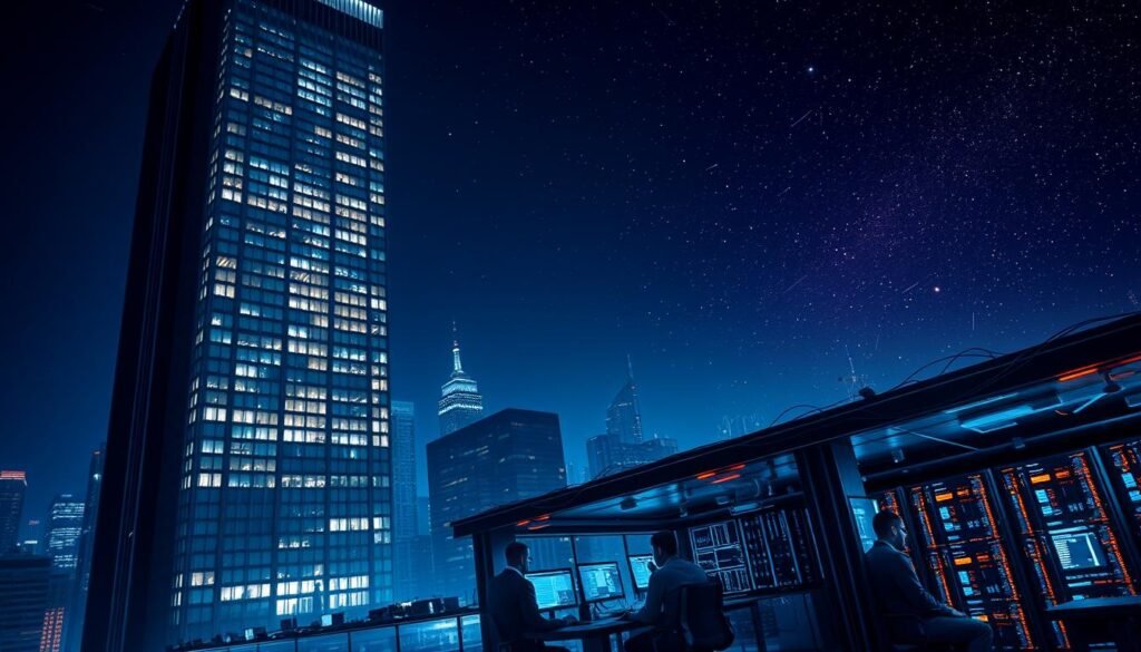 A cityscape at night, with a towering skyscraper in the foreground, its facade illuminated by a grid of bright windows. In the middle ground, a bustling tech hub with teams of cybersecurity professionals engrossed in their work, surrounded by the glow of digital displays and the hum of servers. The background fades into a starry sky, hinting at the vast, interconnected digital landscape that these experts navigate. The lighting is dramatic, with sharp contrasts and deep shadows, conveying the high-stakes, high-intensity nature of the cybersecurity field. The composition emphasizes the scale, complexity, and vital importance of the work being done by these in-demand professionals.