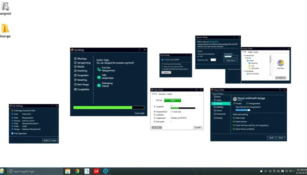 A clean and organized computer desktop, with a taskbar at the bottom displaying various system management tools. In the foreground, a window with a progress bar indicates a system cleanup process, accompanied by icons representing tasks such as disk defragmentation, registry optimization, and malware scanning. The middle ground features a series of floating windows and dialog boxes, showcasing different system settings and configurations. The background is a crisp, minimalist workspace, with a subtle gradient or texture to provide depth and atmosphere. The overall scene conveys a sense of control, efficiency, and a proactive approach to maintaining a healthy computer system.