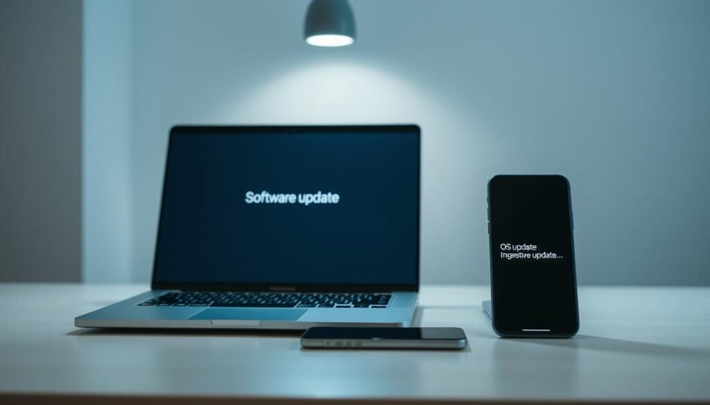 A clean, modern workspace with a laptop and smartphone on a minimalist desk. The laptop screen displays a software update progress bar, casting a soft glow across the desk. The smartphone's screen shows an OS update notification. Overhead, a single, focused light illuminates the scene, creating a sense of precision and attention to detail. The background is blurred, emphasizing the technological elements in the foreground. The overall mood is one of efficiency, security, and a proactive approach to device maintenance.