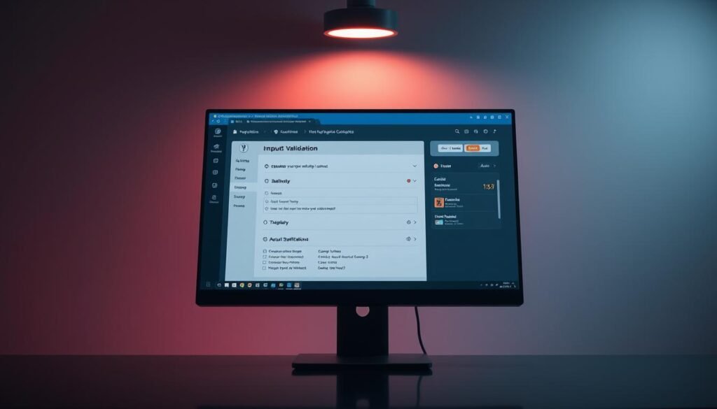 A clean, well-designed input validation application interface set against a minimalist, high-contrast background. In the foreground, a modern desktop computer with a sleek, matte black monitor displaying a meticulously crafted input validation system. The application features intuitive controls, toggles, and data visualization elements that convey the importance of robust input sanitization. Subtle lighting from above casts a warm, focused glow, emphasizing the precision and attention to detail. The overall mood is one of professionalism, security, and a commitment to safeguarding against common web application vulnerabilities. A clean, well-designed input validation application interface set against a minimalist, high-contrast background. In the foreground, a modern desktop computer with a sleek, matte black monitor displaying a meticulously crafted input validation system. The application features intuitive controls, toggles, and data visualization elements that convey the importance of robust input sanitization. Subtle lighting from above casts a warm, focused glow, emphasizing the precision and attention to detail. The overall mood is one of professionalism, security, and a commitment to safeguarding against common web application vulnerabilities.