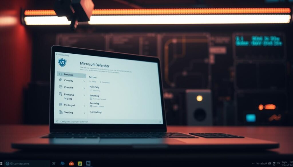A clean, well-lit desktop view showcasing the Microsoft Defender security tool in the foreground. The tool's interface is prominently displayed, with its key features and settings clearly visible. The background should convey a sense of security and protection, perhaps with subtle visual cues related to cybersecurity. Use a soft, warm lighting to create a calm, reassuring atmosphere. Capture the tool in a slightly angled perspective to provide depth and visual interest. Ensure the overall composition is balanced and aesthetically pleasing, highlighting the tool's functionality and role in safeguarding the user's system.