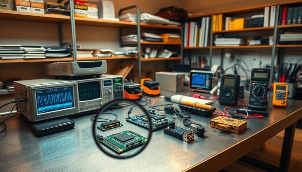 A clean, well-lit laboratory workspace with various electronic components, circuit boards, and experimental devices arranged neatly on a steel workbench. In the foreground, a magnifying glass inspects a microchip, revealing intricate details. In the middle ground, an oscilloscope displays waveforms, and a multimeter measures voltages. The background features shelves stocked with technical manuals, reference books, and tools, conveying a sense of expertise and research. Warm, directional lighting casts subtle shadows, highlighting the precision and care taken in this investigation of digital evidence.