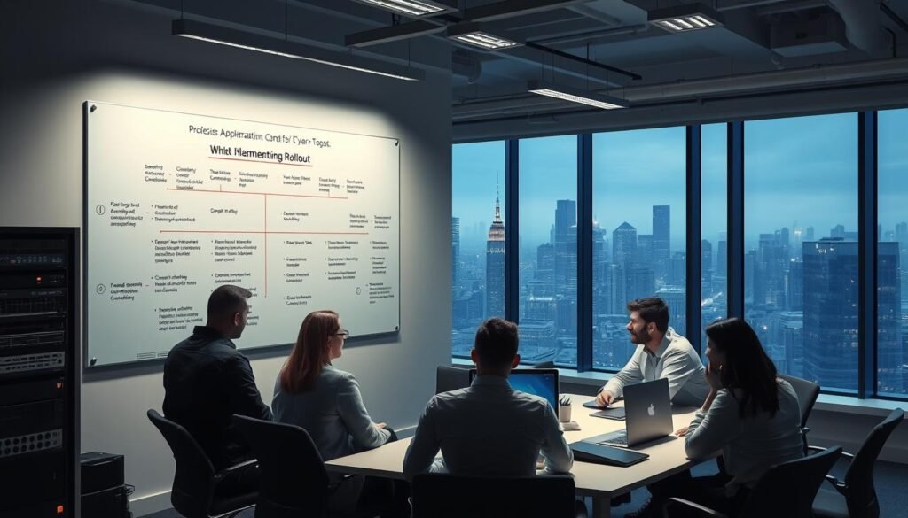 A clean, well-lit office space with a large whiteboard on the wall, showcasing a step-by-step process diagram for a whitelisting rollout. In the foreground, a group of IT professionals gathered around a conference table, intently discussing the implementation strategy. Soft, directional lighting illuminates the scene, casting subtle shadows and highlighting the details of the whiteboard. The middle ground features a server rack and various networking equipment, symbolizing the technological infrastructure supporting the rollout. In the background, large windows offer a panoramic view of a bustling city skyline, conveying a sense of scale and the broader context of the project. The overall atmosphere is one of focused collaboration and a methodical approach to ensuring the successful deployment of a zero-trust application control solution.