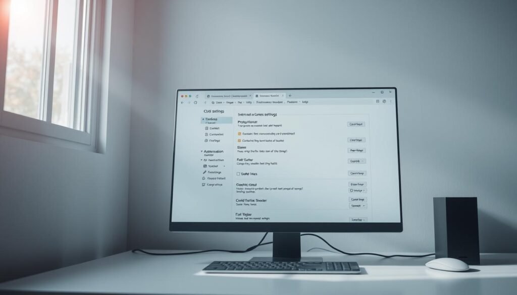 A clean, well-lit workspace with a desktop computer. The browser settings window is prominently displayed, showcasing various configuration options and security controls. The interface is intuitive and user-friendly, with a serene, minimalist aesthetic. Subtle rays of natural light filter in from a nearby window, creating a sense of tranquility and focus. The overall composition conveys a sense of thoughtful, deliberate online security management.