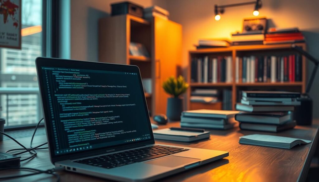 A clean, well-lit workspace with a laptop, a stack of books, and various programming tools arranged neatly on a wooden desk. The environment radiates a sense of focus and productivity, with a gentle mix of natural and artificial lighting casting a warm glow. In the foreground, a terminal window displays code snippets and library documentation, while in the background, a bookshelf holds a collection of technical books, suggesting a deep understanding of the subject matter. The overall scene conveys the idea of a comprehensive setup for coding and Python-based security scripting, ready to tackle the "Prerequisites, Environment Setup, and Essential Python Libraries" section of the article. A clean, well-lit workspace with a laptop, a stack of books, and various programming tools arranged neatly on a wooden desk. The environment radiates a sense of focus and productivity, with a gentle mix of natural and artificial lighting casting a warm glow. In the foreground, a terminal window displays code snippets and library documentation, while in the background, a bookshelf holds a collection of technical books, suggesting a deep understanding of the subject matter. The overall scene conveys the idea of a comprehensive setup for coding and Python-based security scripting, ready to tackle the "Prerequisites, Environment Setup, and Essential Python Libraries" section of the article.