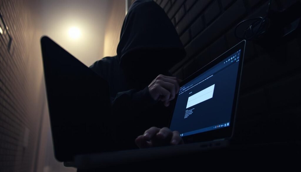 A cloaked figure in a dark alley, silently picking the lock of a laptop while a glowing browser window displays an open session. The background is hazy, with ominous shadows and the dim glow of a streetlight, creating an atmosphere of suspense and intrigue. The figure's hands move deftly, revealing the technical expertise of the attacker. The camera angle is low, capturing the scene from the perspective of the vulnerable laptop, emphasizing the sense of violation and the power dynamic between the attacker and the victim.