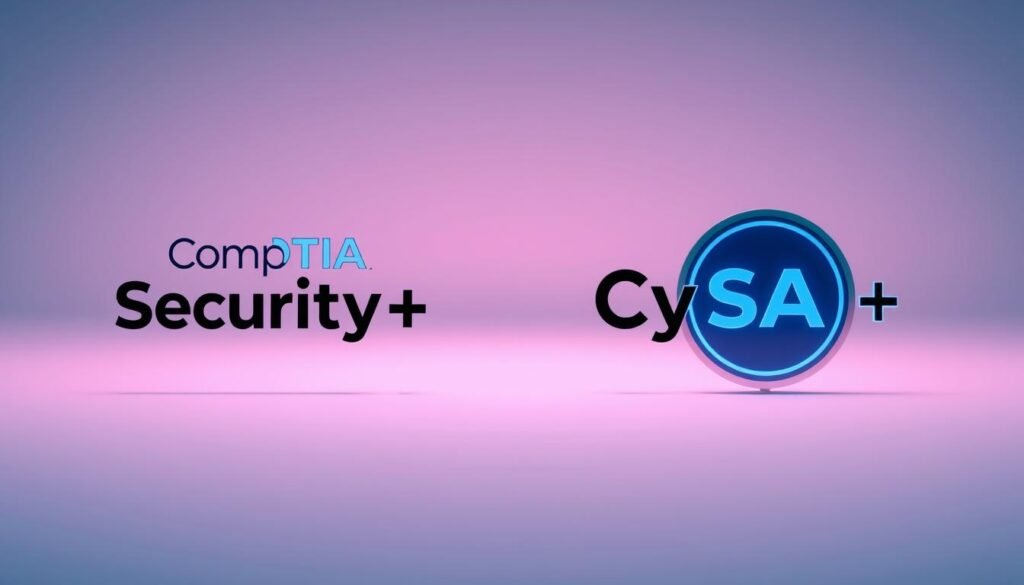 A close-up comparison of the CompTIA Security+ and CySA+ certification logos, presented against a clean, minimalist background. The logos are rendered in high-resolution, showcasing their distinct design elements and color palettes. The image is lit with soft, diffused lighting that creates a sense of depth and emphasizes the visual contrast between the two certifications. The overall composition is balanced and visually striking, drawing the viewer's attention to the core subject matter.