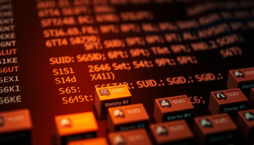 A close-up, detailed view of a Linux file system, with a focus on the special permission bits SUID, SGID, and Sticky Bit. The scene is illuminated by a warm, directional light, casting subtle shadows and highlights on the file icons and directory structures. The foreground features a prominent file or directory, its permissions clearly displayed, surrounded by a collection of similar items with varying permission settings. The middle ground showcases a nested directory hierarchy, hinting at the broader Linux file system architecture. The background is slightly blurred, emphasizing the technical focus of the image. The overall mood is one of precision, technicality, and the importance of secure file and directory permissions in the Linux operating system.