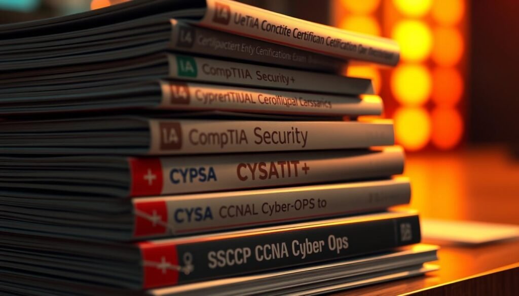 A close-up, high-resolution, photorealistic image of a stack of entry-level cybersecurity certification exams and training materials, including CompTIA Security+, CompTIA CySA+, CYSA, SSCP, and CCNA Cyber Ops certifications. The image is shot from a slightly elevated angle, with a shallow depth of field, creating a soft, blurred background. The lighting is warm and slightly dramatic, casting subtle shadows and highlights on the certifications, giving them a sense of depth and texture. The overall mood is professional, authoritative, and informative, reflecting the importance of these certifications for launching a career in cybersecurity.