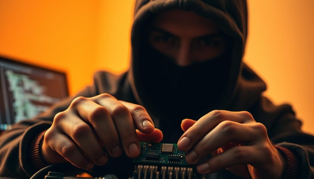 A close-up portrait of an ethical hacker, their face partially obscured by a hoodie, conveying a thoughtful, introspective mood. In the foreground, their hands are shown delicately manipulating a complex circuit board, highlighting the deft manual skills required. The middle ground features a laptop displaying lines of code, symbolizing the technical expertise. The background is blurred, creating a sense of focus on the hacker's soft skills, such as problem-solving, analytical thinking, and attention to detail. Warm, diffused lighting illuminates the scene, creating a contemplative atmosphere.