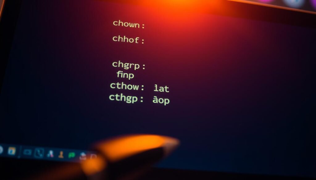 A close-up shot of a Linux terminal window, with the "chown" and "chgrp" commands prominently displayed on the screen. The window is bathed in a soft, warm lighting, creating a sense of focus and clarity. In the foreground, the cursor blinks, indicating an active session, while the background is blurred, drawing the viewer's attention to the core functionality of these essential file ownership management tools. The scene conveys a sense of professionalism and technical expertise, reflecting the subject matter of the article on securely managing file and directory permissions in the Linux operating system.