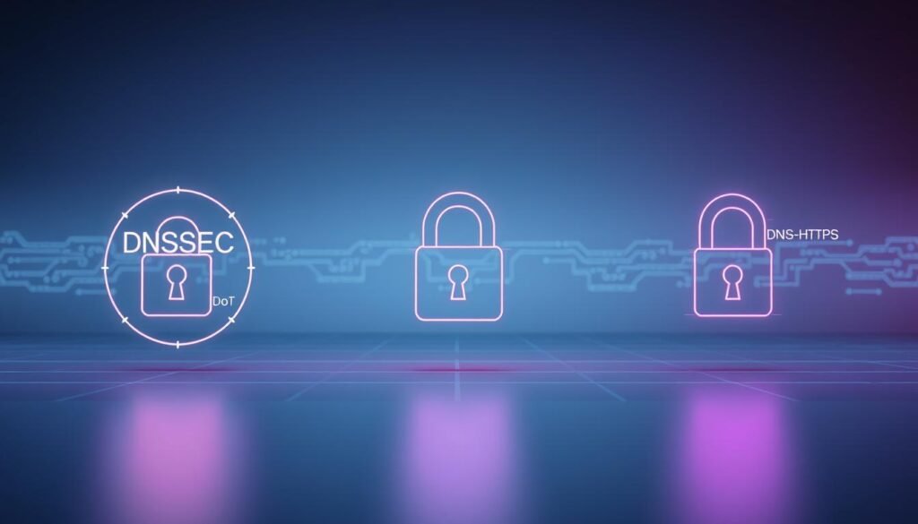 A close-up view of DNS encryption protocols, showcased against a sleek, minimalist backdrop. In the foreground, elegant wire-frame models of various encryption protocols - DNSSEC, DNS-over-HTTPS (DoH), DNS-over-TLS (DoT) - illuminated by soft, directional lighting, casting subtle shadows. The middle ground features a clean, abstract grid pattern, hinting at the technical complexity of these systems. The background is a muted, gradient-based environment, providing a sense of depth and emphasizing the protocols as the focal point. The overall mood is one of clarity, precision, and the intersection of technology and security.