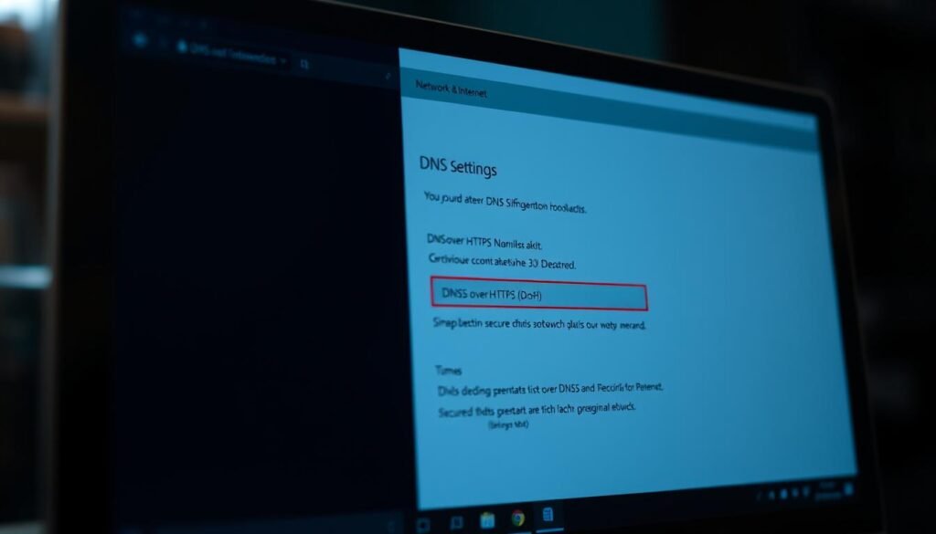 A close-up view of a Windows 10 or 11 desktop, with the Settings app open, displaying the "Network & Internet" section. The focus is on the "DNS" settings, which show the configuration for "DNS over HTTPS" (DoH). The screen is well-lit, with a soft, natural lighting from the sides, creating a sense of clarity and attention to detail. The desktop background is slightly blurred, emphasizing the primary subject. The overall mood is one of a straightforward, informative, and technical presentation, suitable for illustrating a "how-to" guide on secure DNS configuration.