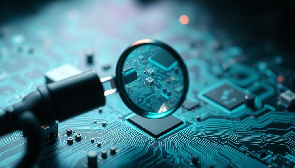 A close-up view of a circuit board with intricate microchips and components, bathed in a soft, bluish-green glow. The board's surface is etched with a complex web of interconnected pathways, symbolizing the deep packet inspection process. In the foreground, a magnifying lens hovers, casting a sharp focus on the data packets flowing through the circuitry. The background is hazy, evoking a sense of technical depth and complexity. The overall atmosphere is one of precision, attention to detail, and the power of technological monitoring.