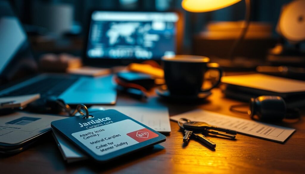 A close-up view of a cluttered desk, illuminated by warm, ambient lighting. In the foreground, an assortment of credentials, including a corporate ID badge, a security access card, and a set of keys. In the middle ground, a laptop and a cup of coffee, suggesting a working environment. The background is blurred, hinting at the wider context of an office or study. The overall mood is one of subtle chaos, reflecting the potential for sensitive information to be inadvertently exposed. A close-up view of a cluttered desk, illuminated by warm, ambient lighting. In the foreground, an assortment of credentials, including a corporate ID badge, a security access card, and a set of keys. In the middle ground, a laptop and a cup of coffee, suggesting a working environment. The background is blurred, hinting at the wider context of an office or study. The overall mood is one of subtle chaos, reflecting the potential for sensitive information to be inadvertently exposed.
