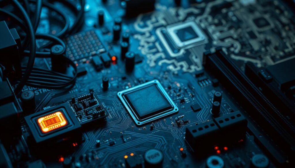 A close-up view of a computer motherboard, showcasing a complex web of circuits, microchips, and vulnerable system components. The image has a gritty, industrial feel, with a moody, blue-tinted lighting that casts long shadows, creating a sense of tension and unease. In the foreground, a glowing CPU socket and exposed system bus lines hint at potential entry points for exploits, while the background features a schematic diagram of an operating system's kernel, hinting at the underlying vulnerabilities that can be targeted by skilled hackers.