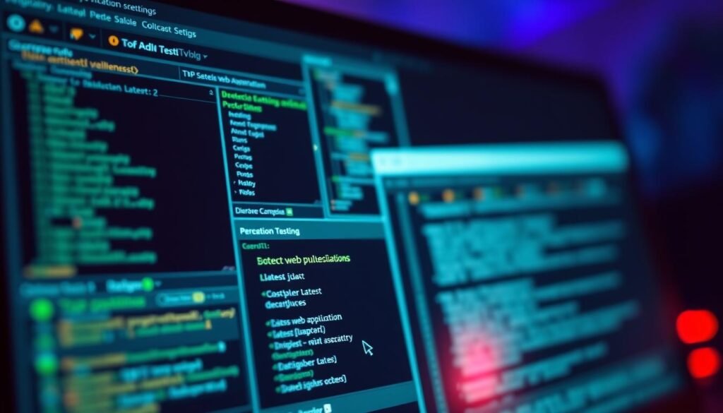 A close-up view of a computer screen displaying a penetration testing interface, with various tools and diagnostic panels open. The screen is bathed in a soft, bluish-green glow, creating an atmosphere of technical exploration and cybersecurity analysis. In the foreground, a cursor hovers over a list of potential vulnerabilities, highlighting the latest web application weaknesses to be investigated. The background is hazy and out of focus, emphasizing the intense focus on the task at hand. The scene conveys a sense of diligent investigation, with the goal of identifying and addressing the most pressing web application vulnerabilities.