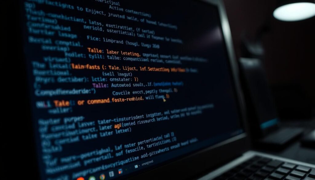 A close-up view of a computer screen displaying a terminal window with lines of code, showcasing a command injection vulnerability. The code is highlighted, with a cursor blinking, suggesting an active exploit. The screen is dimly lit, creating an ominous atmosphere, with shadows casting across the desk. The angle is slightly tilted, adding a sense of unease and the potential for chaos. The background is slightly blurred, keeping the focus on the screen and the vulnerability being exposed.
