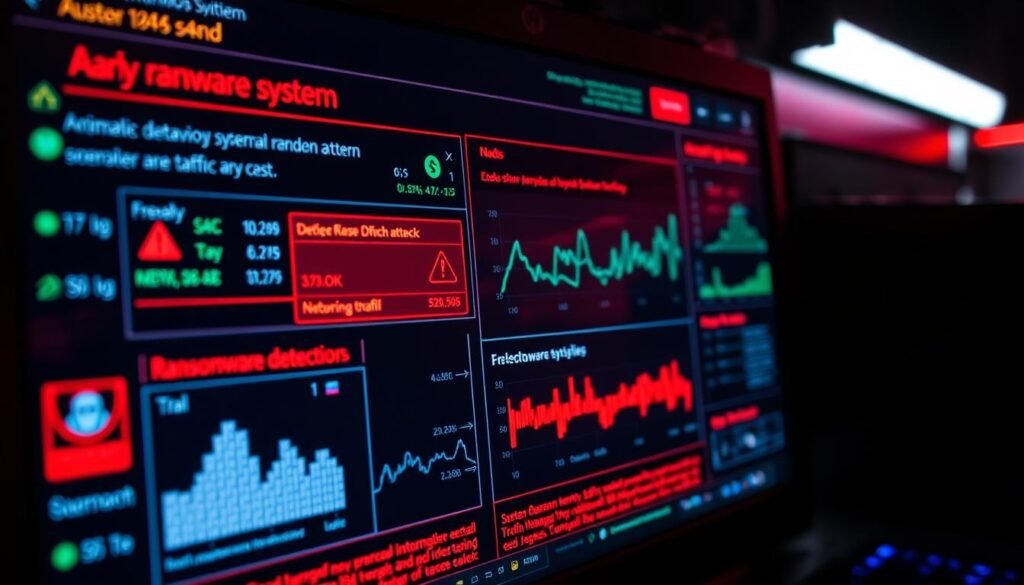 A close-up view of a computer screen displaying an early warning system for ransomware detection. The screen shows various data visualizations and indicators highlighting anomalies in system behavior, file access patterns, and network traffic that could signal a ransomware attack in progress. The lighting is harsh and intense, creating a sense of urgency and heightened awareness. The camera angle is slightly tilted, drawing the viewer's attention to the critical information on the screen. The overall mood is one of vigilance and the need for proactive cybersecurity measures to protect against the devastating effects of ransomware. A close-up view of a computer screen displaying an early warning system for ransomware detection. The screen shows various data visualizations and indicators highlighting anomalies in system behavior, file access patterns, and network traffic that could signal a ransomware attack in progress. The lighting is harsh and intense, creating a sense of urgency and heightened awareness. The camera angle is slightly tilted, drawing the viewer's attention to the critical information on the screen. The overall mood is one of vigilance and the need for proactive cybersecurity measures to protect against the devastating effects of ransomware.