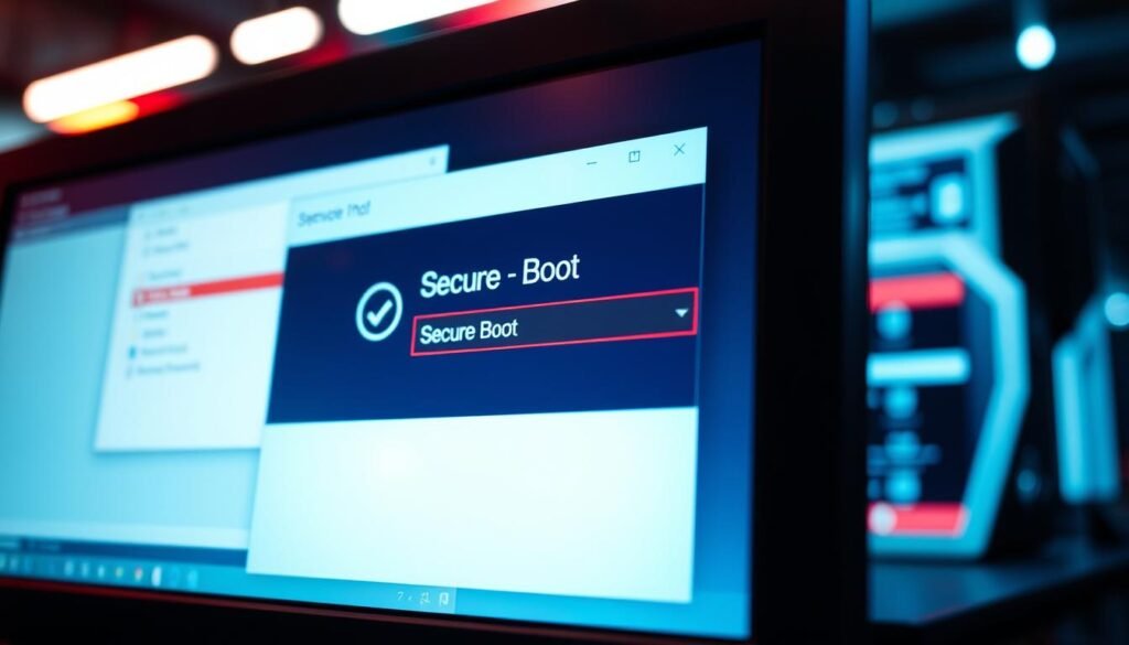 A close-up view of a computer screen displaying the Secure Boot settings panel, with a system information window open in the background. The screen is well-lit, with a clean, professional appearance. The Secure Boot option is highlighted, indicating that it is enabled. The angle showcases the screen at a slight tilt, creating a sense of depth and perspective. The overall mood is one of technical precision and attention to detail, reflecting the importance of verifying Secure Boot status before encountering potential malware threats.