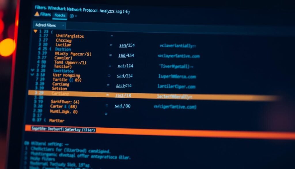 A close-up view of a computer screen displaying the Wireshark network protocol analyzer interface, with a series of filter settings prominently showcased in the main window. The filters are arranged neatly, each with clear labels and concise descriptions, conveying the powerful yet intuitive nature of Wireshark's filtering capabilities. The scene is bathed in a warm, focused lighting that highlights the application's clean, professional aesthetic, creating a sense of precision and control. The background is blurred, keeping the attention firmly on the Wireshark filters, which are the central focus of the image.