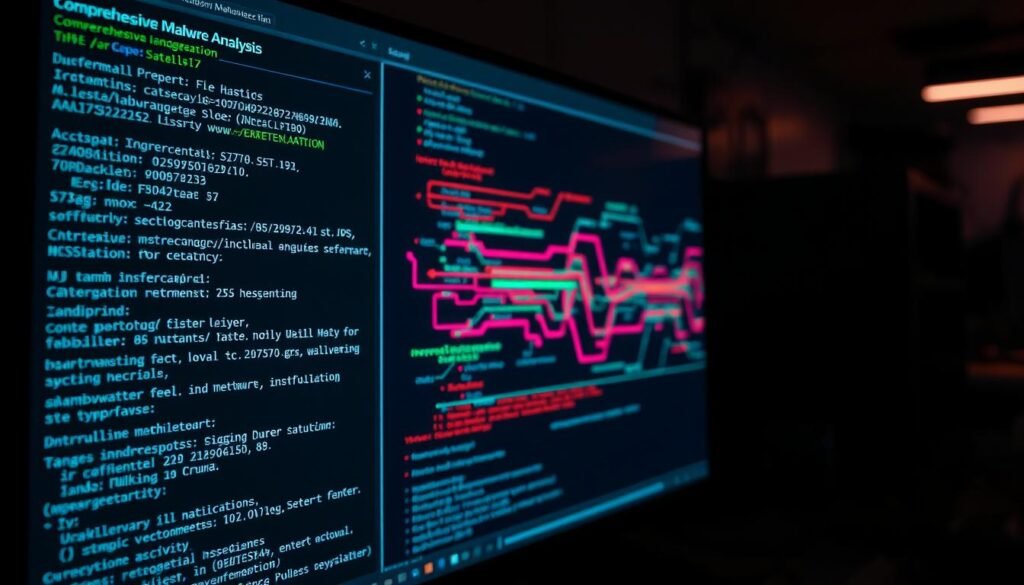 A close-up view of a computer screen displaying the results of a comprehensive malware analysis. The foreground features a detailed report with technical data, including file hashes, network activity, and behavioral indicators. The middle ground showcases a real-time visualization of the malware's execution path, highlighted by vibrant colors and dynamic lines. The background subtly depicts a dimly lit laboratory setting, conveying a sense of analytical focus and scientific rigor. The lighting is soft and directional, casting subtle shadows that emphasize the depth and complexity of the analysis. The overall mood is one of meticulous investigation, with a touch of technological mystique. A close-up view of a computer screen displaying the results of a comprehensive malware analysis. The foreground features a detailed report with technical data, including file hashes, network activity, and behavioral indicators. The middle ground showcases a real-time visualization of the malware's execution path, highlighted by vibrant colors and dynamic lines. The background subtly depicts a dimly lit laboratory setting, conveying a sense of analytical focus and scientific rigor. The lighting is soft and directional, casting subtle shadows that emphasize the depth and complexity of the analysis. The overall mood is one of meticulous investigation, with a touch of technological mystique.