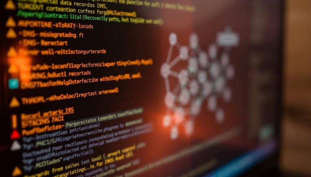 A close-up view of a computer screen displaying various DNS error messages and configuration issues, illuminated by a warm, soft lighting from the side. In the foreground, prominent error codes and warning signs stand out, hinting at misconfigured records and potential data leakage. The middle ground showcases a network diagram with interconnected nodes and lines, representing the complex web of DNS infrastructure. The background blurs into a subtle, textured pattern, creating a sense of technical depth and professionalism. The overall mood is one of concern and urgency, highlighting the importance of addressing these common DNS errors to safeguard sensitive data. A close-up view of a computer screen displaying various DNS error messages and configuration issues, illuminated by a warm, soft lighting from the side. In the foreground, prominent error codes and warning signs stand out, hinting at misconfigured records and potential data leakage. The middle ground showcases a network diagram with interconnected nodes and lines, representing the complex web of DNS infrastructure. The background blurs into a subtle, textured pattern, creating a sense of technical depth and professionalism. The overall mood is one of concern and urgency, highlighting the importance of addressing these common DNS errors to safeguard sensitive data.