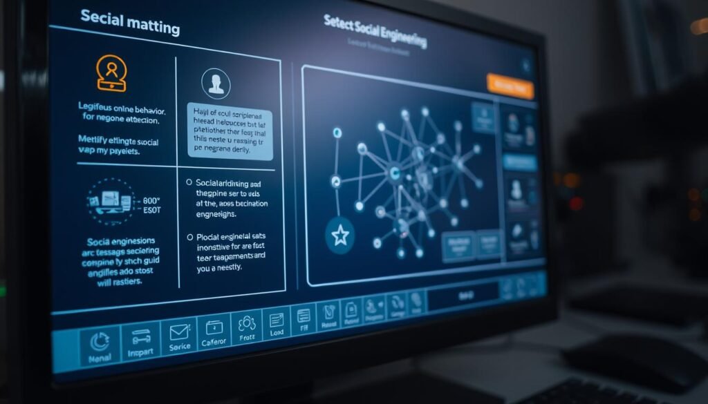 A close-up view of a computer screen, meticulously displaying a step-by-step workflow for detecting social engineering attacks. The foreground features a series of intuitive icons and interactive UI elements, guiding the user through a comprehensive analysis of suspicious online behavior, message patterns, and identity verification. The middle ground showcases a complex network diagram, illustrating the interconnected nature of social engineering threats. In the background, a sleek, minimalist design aesthetic with muted tones and subtle lighting creates an atmosphere of professionalism and technological sophistication. The overall composition conveys a sense of empowerment, equipping the viewer with the knowledge and tools to identify and mitigate social engineering risks.