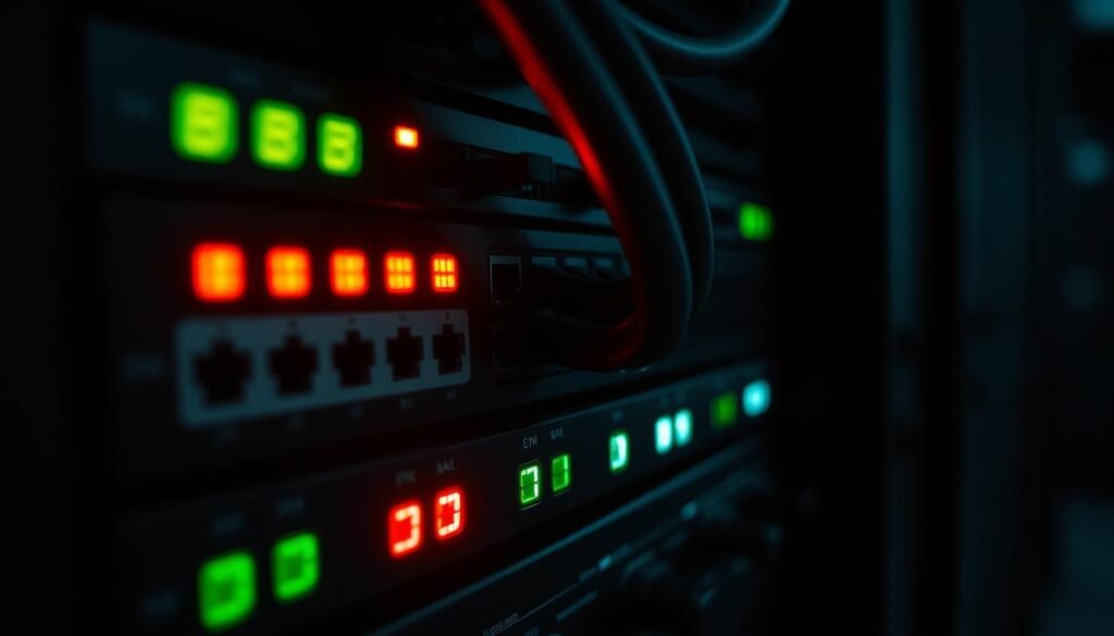 A close-up view of a computer server's control panel, with LED indicators and cable ports prominently displayed. The panel has a distinct sense of vulnerability, with exposed ports and a slight sense of disarray. The lighting is stark and directional, casting dramatic shadows and highlighting the technical details. The overall atmosphere conveys a feeling of potential security risks and the need for diligent monitoring and protection. A close-up view of a computer server's control panel, with LED indicators and cable ports prominently displayed. The panel has a distinct sense of vulnerability, with exposed ports and a slight sense of disarray. The lighting is stark and directional, casting dramatic shadows and highlighting the technical details. The overall atmosphere conveys a feeling of potential security risks and the need for diligent monitoring and protection.
