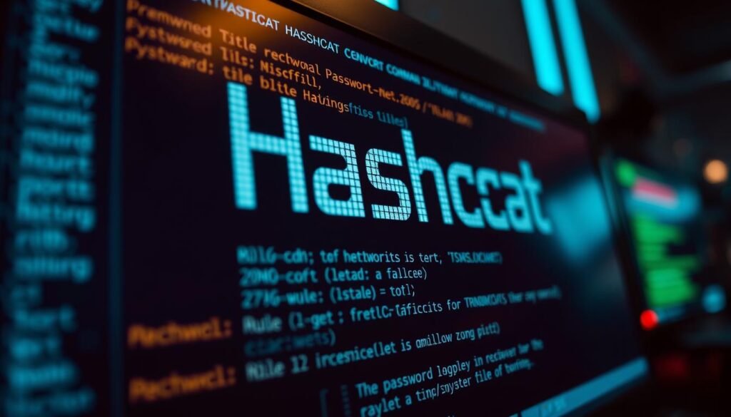 A close-up view of a computer terminal, the screen displaying the distinctive Hashcat command-line interface. The background is slightly blurred, emphasizing the focus on the technical details. The lighting is bright and directional, casting sharp shadows and highlights on the text and interface elements. The camera angle is slightly elevated, giving a sense of authority and expertise. The overall mood is one of precision, functionality, and the power of command-line tools for password recovery.