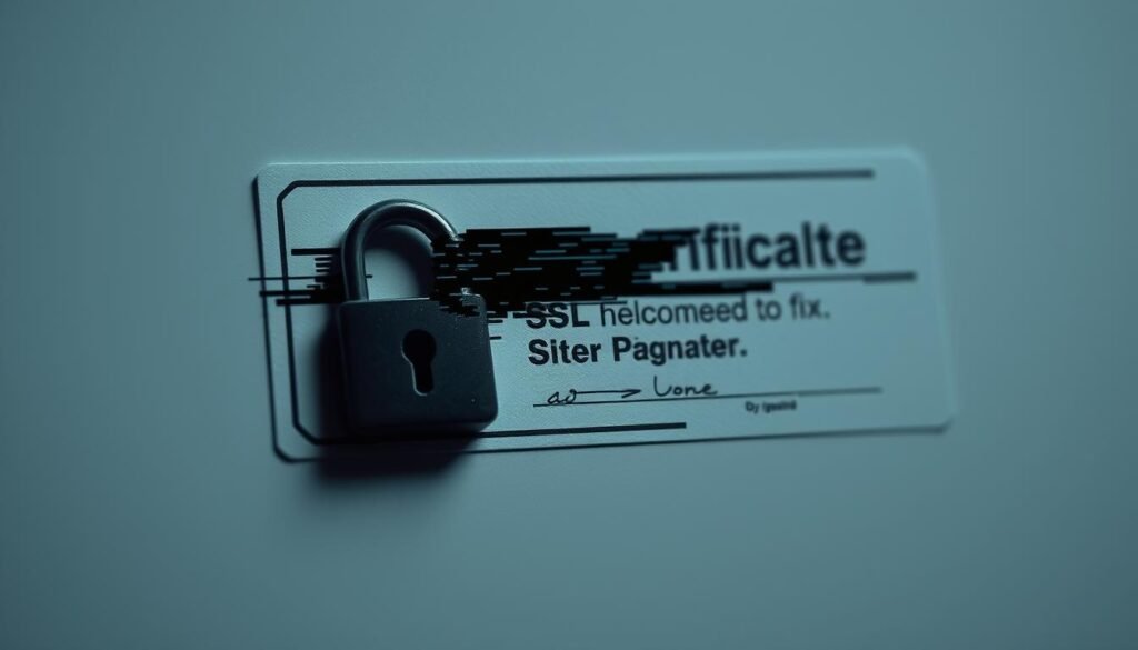A close-up view of a distressed SSL certificate, its digital signature appearing garbled and fragmented, conveying a sense of disarray. The certificate's icon is partially obscured by digital glitches, hinting at an underlying technical malfunction. The backdrop is a minimalist gray, creating a stark, almost unsettling atmosphere that emphasizes the severity of the issue. Subtle shadows and highlights lend depth and a sense of three-dimensionality to the certificate, drawing the viewer's attention to the core problem at hand. The overall mood is one of concern and the need for resolution, setting the stage for the subsequent section on fixing SSL/TLS misconfigurations.