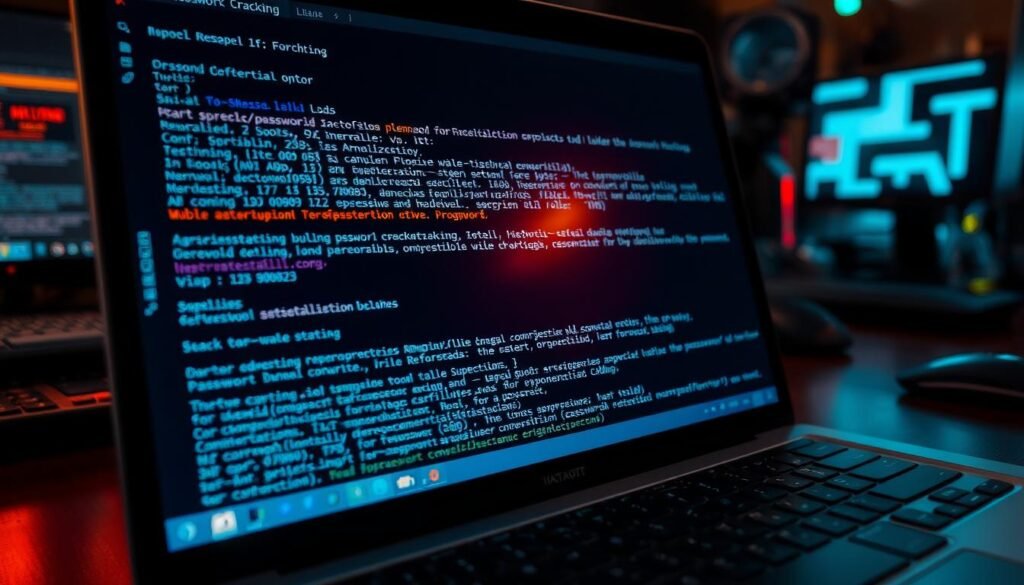 A close-up view of a laptop screen displaying a command-line interface with a password cracking tool prominently featured. The foreground showcases the tool's user interface, with various options and functions clearly visible. The middle ground depicts a hacker's workspace, with a keyboard, mouse, and other cybersecurity tools in the background, hinting at the technical nature of the task. The scene is illuminated by a warm, focused light, creating a sense of intensity and focus. The overall mood conveys the seriousness and importance of the password cracking process, reflecting the need for careful and responsible use of such tools.