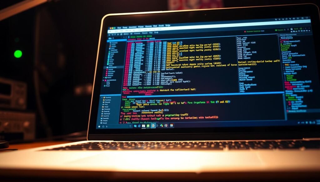 A close-up view of a laptop screen displaying the Wireshark network protocol analysis software. The interface shows a detailed breakdown of network traffic, with colorful packets and data visualizations. The scene is illuminated by a warm, focused light, casting subtle shadows and highlights on the laptop's surface. The background is softly blurred, emphasizing the analytical nature of the task at hand. The overall mood is one of focused, technical exploration, inviting the viewer to delve into the intricacies of network data analysis.