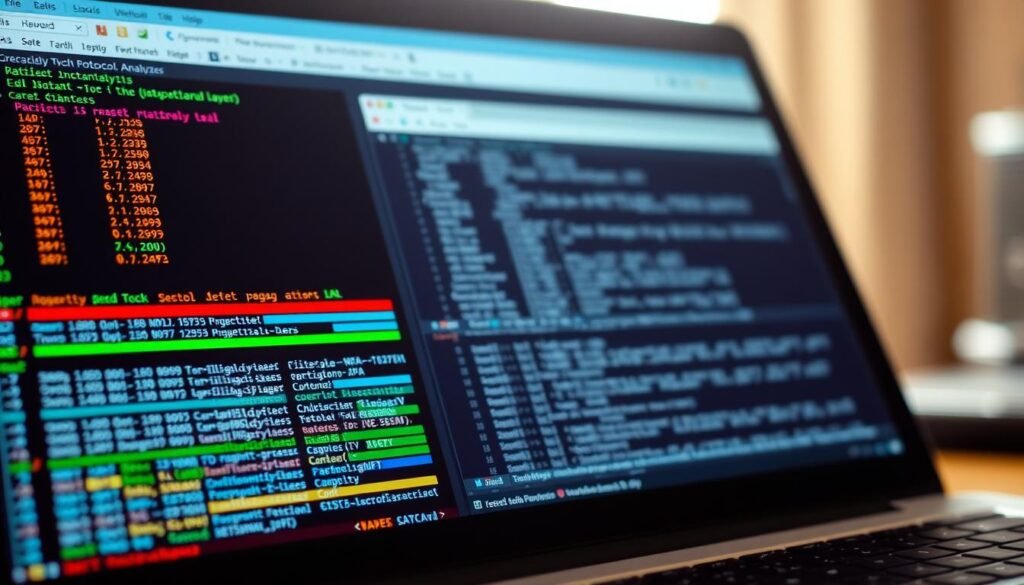 A close-up view of a laptop screen displaying the Wireshark network protocol analyzer interface. The foreground showcases the detailed packet analysis, with color-coded packet layers and protocol information prominently displayed. The middle ground features the main Wireshark window, with various menus, toolbars, and filtering options visible. The background subtly blurs, drawing the focus to the packet analysis at the center. The lighting is soft and natural, casting a warm glow on the screen, and the camera angle is slightly elevated to provide a clear, unobstructed view of the analysis. The overall mood is one of focus and technical precision, reflecting the analytical nature of the Wireshark tool.
