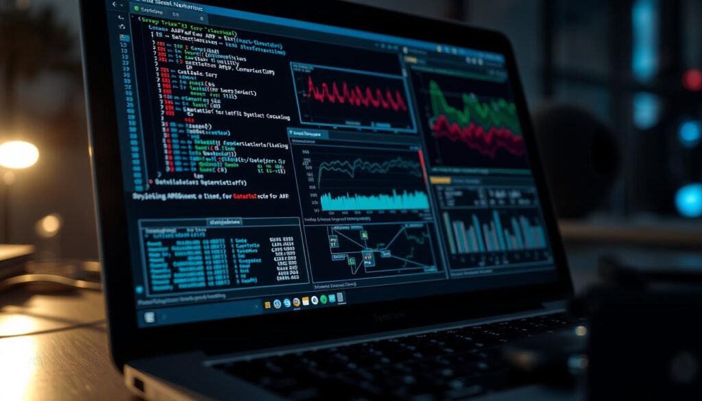 A close-up view of a laptop screen displaying various network security tools, including a command-line interface, graphs, and visual representations of ARP traffic monitoring. The scene is illuminated by a soft, directional light source, casting subtle shadows and highlights on the laptop's surface. The tools are presented in a clean, organized manner, emphasizing their functionality and usability for detecting and mitigating ARP spoofing attacks. The background is blurred, keeping the focus on the technical details of the security software.