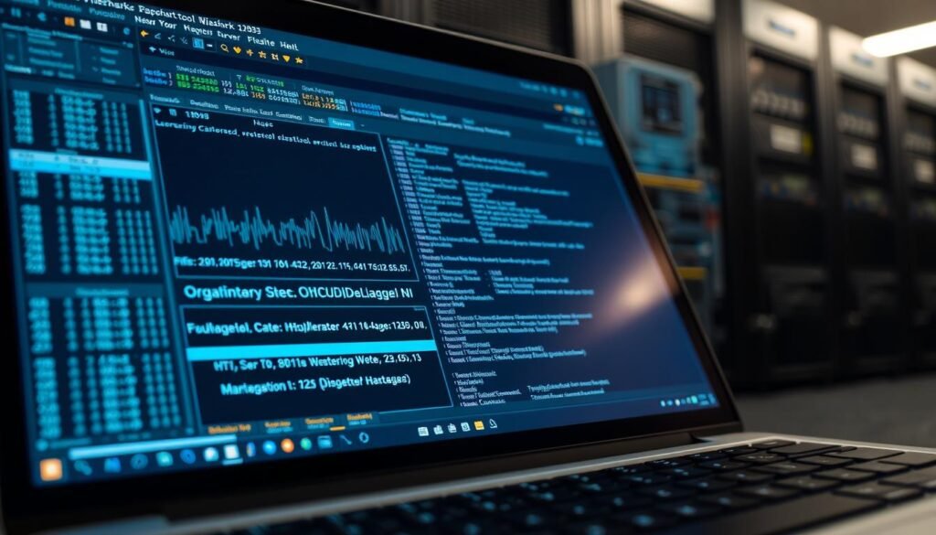 A close-up view of a laptop screen showcasing the advanced features of Wireshark, the powerful network protocol analyzer. The interface displays a detailed packet capture, with intricate graphs, statistics, and protocol dissection tools occupying the foreground. The middle ground features a sleek, dark-themed user interface, highlighting the sophisticated capabilities of the software. In the background, a blurred network diagram or server rack conveys the broader context of network troubleshooting and analysis. The scene is illuminated by a soft, directional lighting, creating depth and emphasizing the technical details of the Wireshark interface.