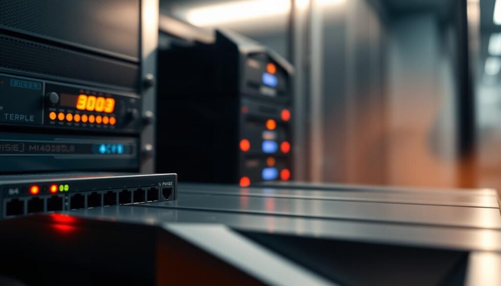 A close-up view of a modern server rack, its sleek metallic surfaces gleaming under warm, focused lighting. In the foreground, a network switch and router stand out, their blinking indicator lights suggesting the active flow of data. In the middle ground, a series of server units are stacked, their LED panels displaying configuration details. The background is hazy, with a sense of depth and a subtle hint of the larger server room environment. The overall atmosphere conveys a sense of technical sophistication and the careful implementation of a Content Security Policy (CSP) to enhance web application security.