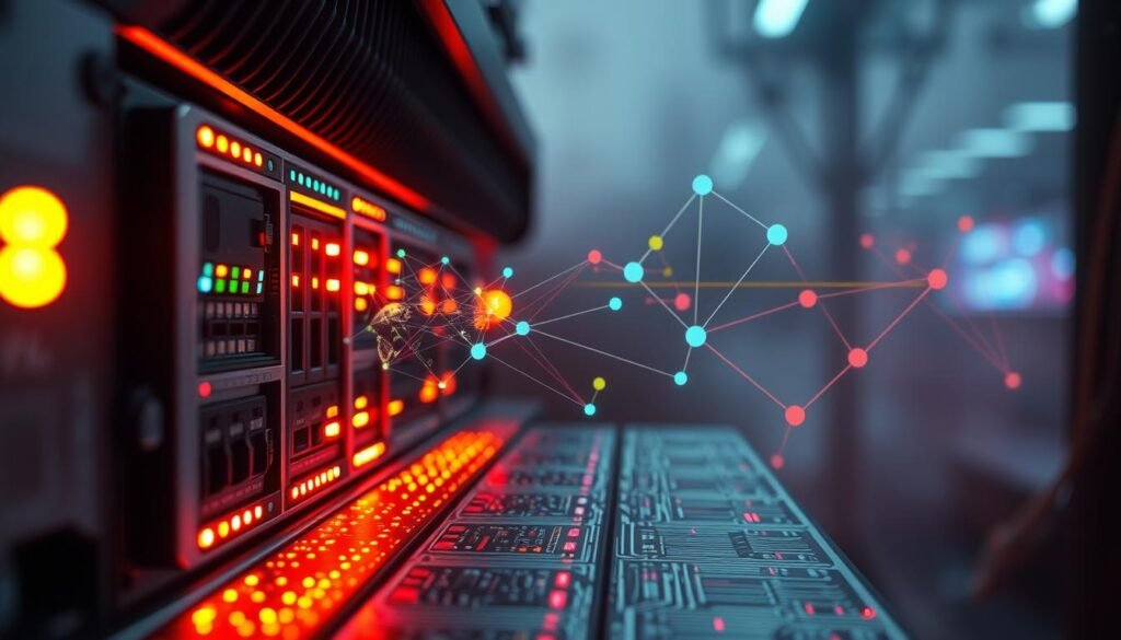 A close-up view of a network firewall, its sleek metal chassis bathed in a soft, warm glow. Intricate circuits and blinking status lights fill the foreground, conveying the device's complex inner workings. In the middle ground, a visualization of network traffic flows through the firewall, represented by stylized geometric shapes and lines of varying colors, densities, and directions, illustrating the firewall's active role in filtering and controlling the data exchange. The background is shrouded in a hazy, slightly out-of-focus environment, emphasizing the firewall's central importance in the network architecture.