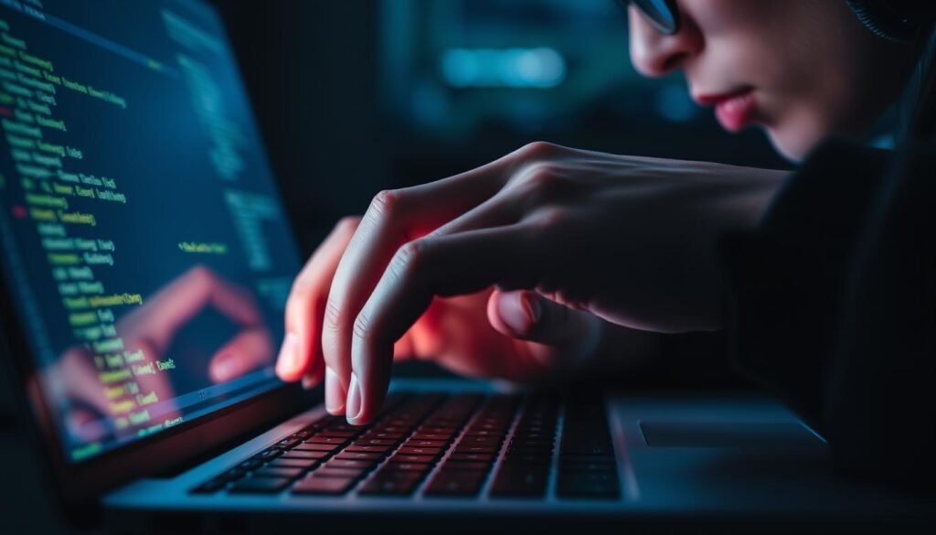 A close-up view of a person's hands intently focused on a laptop screen, the glow of the display illuminating their face. The fingers deftly navigating the keyboard, a tactile exploration of ethical hacking techniques. The workspace is dimly lit, creating a sense of concentration and intensity. Subtle shadows accentuate the textures of the skin and the curves of the fingers, conveying a sense of hands-on experience and immersion in the task at hand. The background is blurred, placing the emphasis solely on the engaging interaction between the human and the machine.