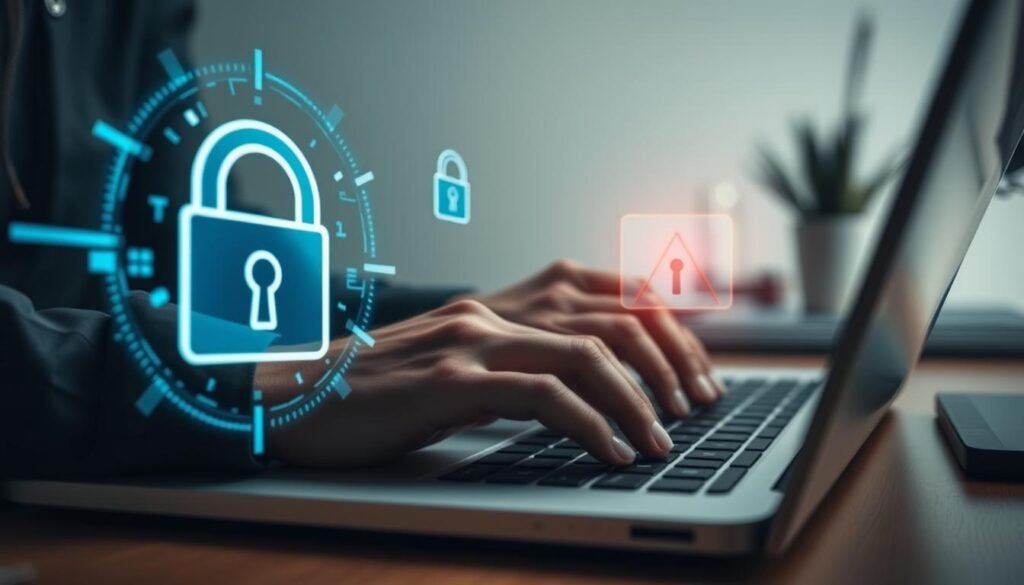 A close-up view of a person's hands intently working on a laptop, with a digital lock icon and security alert symbols floating in the foreground, conveying the task of detecting and removing a keylogger from a Windows 10/11 system. The lighting is soft and diffused, creating a focused, serious atmosphere. The background is blurred, with subtle hints of a clean, organized desk workspace. The angle is slightly angled from above, giving a sense of precision and attention to detail in the delicate process of securing the computer.
