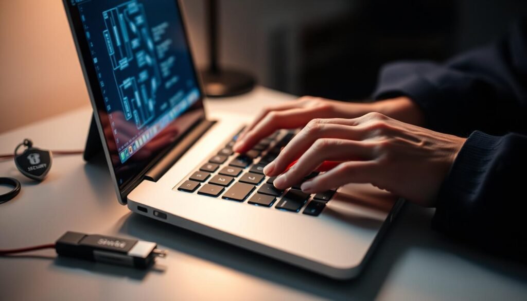 A close-up view of a person's hands typing on a laptop keyboard, fingers flying across the keys with precision and focus. The desk surface is minimalist, with a few cybersecurity-themed objects like a security badge, a USB drive, and a small display showing a network diagram. The lighting is soft and diffused, creating a warm, contemplative atmosphere. The hands are well-groomed, with short, clean nails, conveying a sense of professionalism and dedication to the craft. The overall scene suggests a hands-on, immersive approach to cybersecurity, where the individual is actively engaged in problem-solving and honing their technical skills.