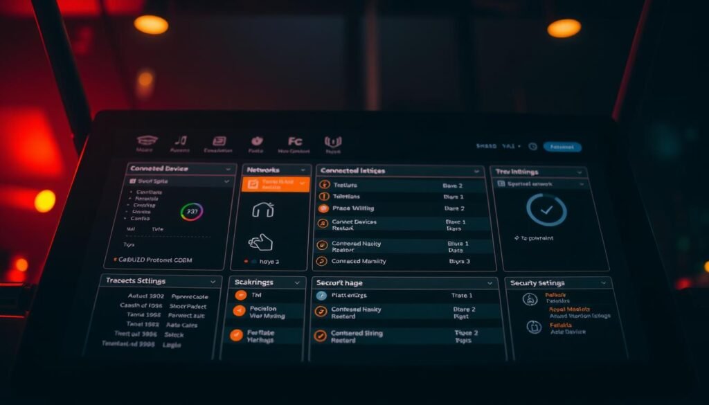 A close-up view of a router admin panel interface, showcasing a sleek, modern design with a clean and intuitive layout. The panel is bathed in warm, diffused lighting, creating a professional and authoritative atmosphere. The foreground displays a comprehensive dashboard with detailed information about connected devices, network status, and security settings. The middle ground features a neatly organized menu structure, allowing for easy navigation and configuration. In the background, a subtle gradient or pattern adds depth and visual interest, conveying a sense of technological sophistication. The overall presentation is both visually appealing and functionally informative, reflecting the importance of securing one's network.