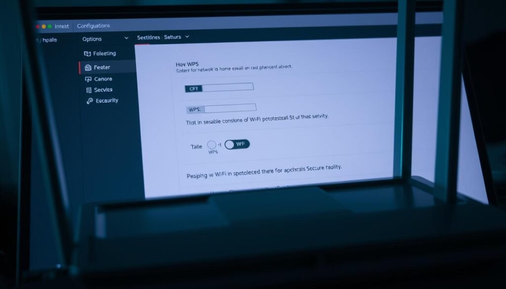 A close-up view of a router's configuration interface, showcasing the option to disable WPS (Wi-Fi Protected Setup) for enhanced network security. The interface is displayed on a modern desktop computer monitor, bathed in a soft, neutral lighting that highlights the sleek, minimalist design of the router. The focus is on the WPS toggle switch, prominently featured in the center of the screen, with the surrounding menu options providing context and guidance on the importance of this setting. The overall atmosphere conveys a sense of control and diligence, underscoring the user's commitment to safeguarding their home network from unauthorized access.