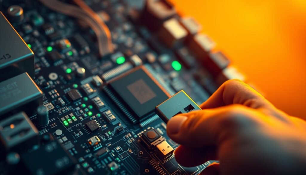 A close-up view of a sleek, metallic-gray computer motherboard with a glowing green circuit board and microchips. In the foreground, a hand carefully inserts a USB drive, symbolizing the process of updating the device's firmware. The image is bathed in warm, amber lighting, conveying a sense of precision and focus. The background is slightly blurred, emphasizing the importance of the firmware update task at hand. The overall scene suggests the necessity of keeping IoT devices secure and up-to-date to mitigate potential vulnerabilities. A close-up view of a sleek, metallic-gray computer motherboard with a glowing green circuit board and microchips. In the foreground, a hand carefully inserts a USB drive, symbolizing the process of updating the device's firmware. The image is bathed in warm, amber lighting, conveying a sense of precision and focus. The background is slightly blurred, emphasizing the importance of the firmware update task at hand. The overall scene suggests the necessity of keeping IoT devices secure and up-to-date to mitigate potential vulnerabilities.