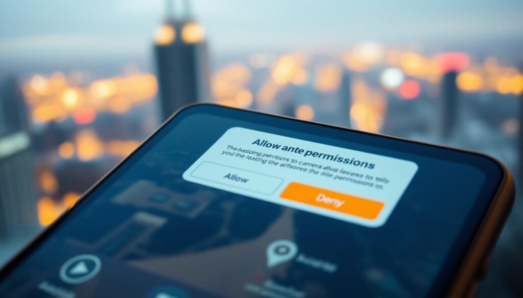 A close-up view of a smartphone screen displaying a camera permission request dialog. The foreground features the permission dialog with clear "Allow" and "Deny" buttons, surrounded by a sleek, minimalist interface design. The background showcases a blurred cityscape, suggesting the app's location-based functionality. Warm, soft lighting creates a pleasant, inviting atmosphere, while the camera icon and location markers in the dialog convey the key permissions being requested. The overall composition highlights the practical nature of the example, guiding the viewer's understanding of how apps manage sensitive permissions.