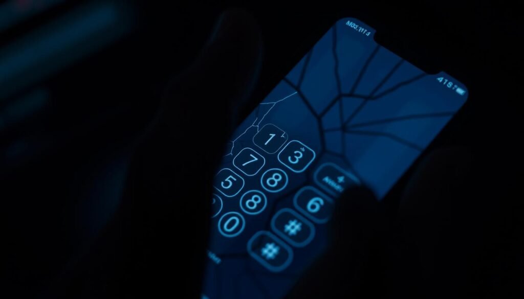 A close-up view of a smartphone screen, its display showing a numeric keypad for entering a password. The screen is slightly cracked, casting a distorted reflection. The phone is held in a hand, partially obscured by a dark, ominous shadow, hinting at the vulnerability of phone-based security measures. The background is blurred, creating a sense of focus on the phone's screen and the hand. Moody lighting casts dramatic shadows, conveying a sense of unease and the fragility of phone-based authentication. The overall atmosphere suggests the weaknesses and risks associated with phone-based security, such as SMS, SIM swapping, and telecom interception.