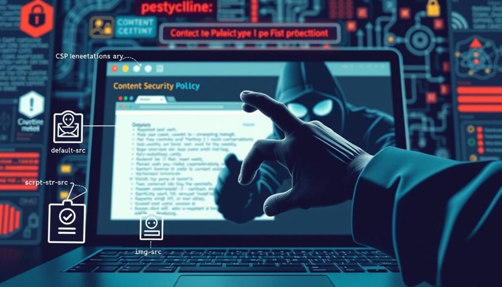 A close-up view of a stylized website interface, showcasing various Content Security Policy (CSP) examples against web security threats. In the foreground, sleek icons and code snippets illustrate common CSP directives like `default-src`, `script-src`, and `img-src`. The middle ground features a laptop screen displaying a secure web page, with a hacker's hand reaching towards it, symbolizing the need for robust CSP implementation. The background subtly blends technical illustrations, such as data flows and network diagrams, creating a visually striking and informative composition that effectively communicates the importance of CSP in web security.