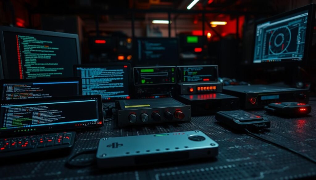 A close-up view of an array of hacking tools and utilities laid out on a dark, textured surface. In the foreground, various command-line interfaces, network scanners, and privilege escalation exploits are prominently displayed, their screens glowing with technical readouts and command prompts. The middle ground features a selection of hardware-based penetration testing devices, their sleek metallic casings and blinking indicator lights conveying a sense of advanced, professional-grade capabilities. In the background, a dimly lit, industrial-style environment sets the mood, with the faint glow of monitors and the subtle hum of fans creating an atmosphere of focused, clandestine activity. The lighting is dramatic, casting strategic shadows and highlights to accentuate the technical details of the tools.