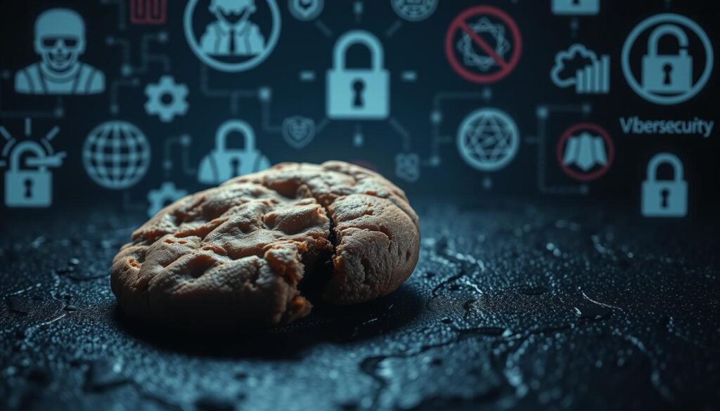 A close-up view of an unsecured cookie resting on a dark, textured surface, surrounded by various cybersecurity icons and symbols representing potential threats such as hackers, data breaches, and unauthorized access. The cookie appears vulnerable, with a cracked or broken texture, hinting at the underlying security risks. The lighting is moody and dramatic, casting long shadows and highlighting the ominous atmosphere. The overall composition conveys a sense of unease and the need to address these security vulnerabilities.
